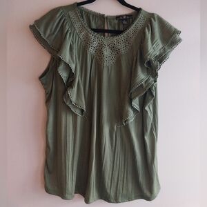 80 Park Olive Green Emroidered Short Layered Ruffle Sleeve Boho Top